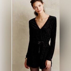 Saylor Anthropologie Women’s Velvet Burnout Black Romper with Tie Waist Size L